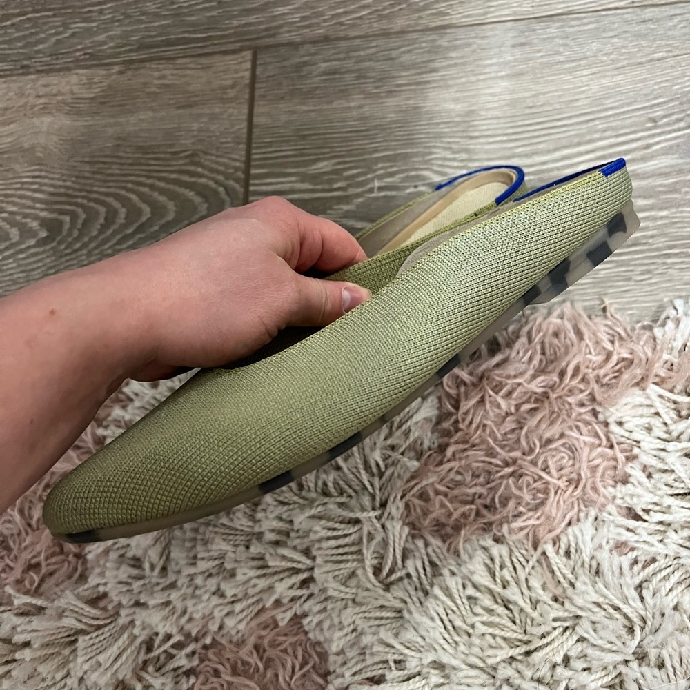 Rothy's Olive Green Pointed Slip-On Flats with Blue Heel Accent - Picture 13 of 13